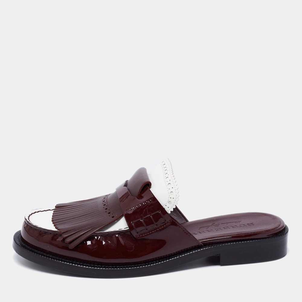 Burberry Two Tone Patent Leather Beckshill Fringe Details Flat Mules Size 39.5 - Picture 2 of 5